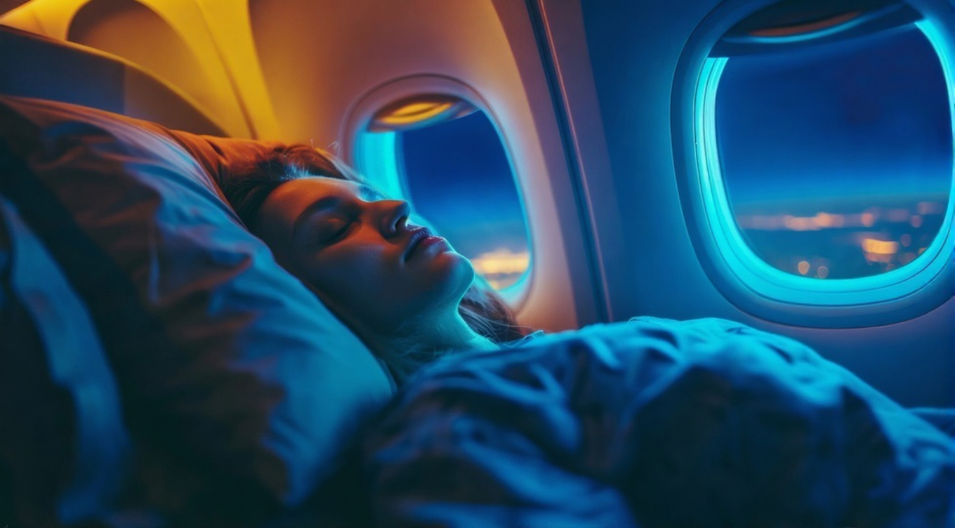 Traveler relaxing during IV therapy with city view